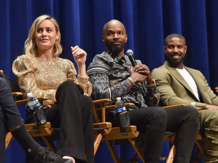 Michael B Jordan poses alongside co-star Jamie Foxx at screening of their  film Just Mercy in London