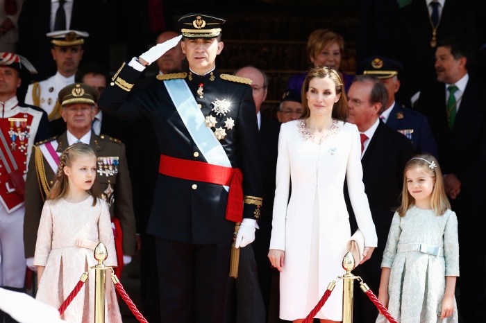 King Felipe VI of Spain, Queen Letizia of Spain and daughters Princess  Sofia and Princess Leonor, Princess of Asturias at the Congress of Deputies  during the Kings first speech to make his