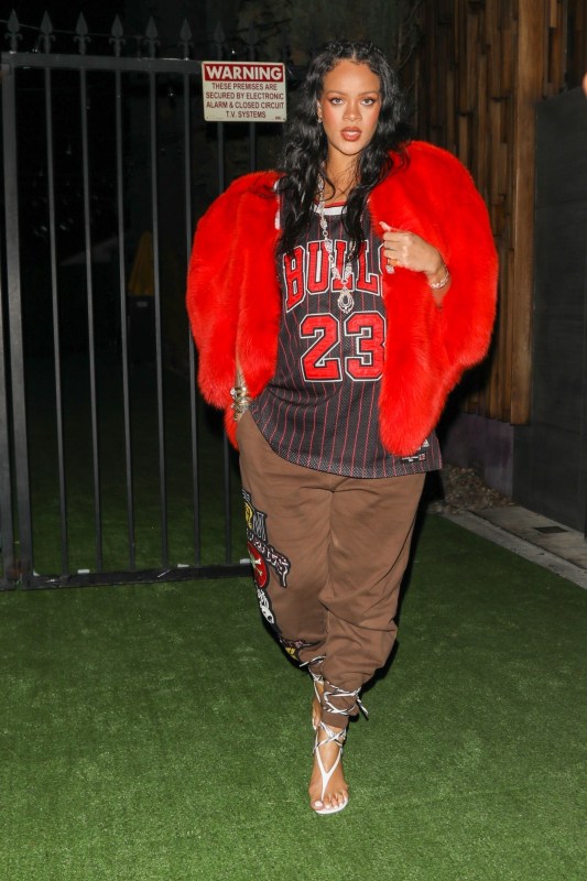 Rihanna Wearing a Mets Shirt and R13 Bomber Jacket, Rihanna Gives Her  Pregnancy Style a Y2K Spin in a Fuzzy Tube Top