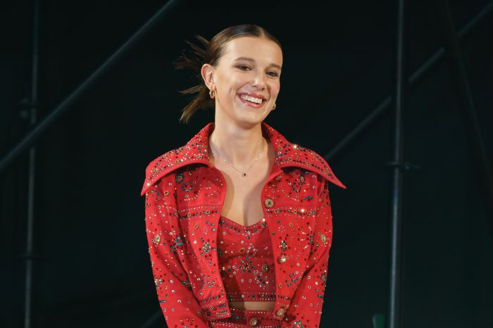 Millie Bobby Brown wore a custom pink embroidered Calvin Klein